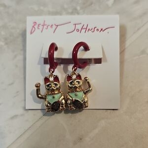 Betsey Johnson Gold Cat Earrings with Red and Mint Details